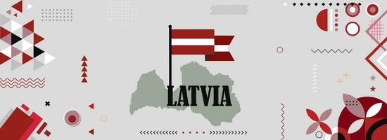 kaart en vlag van Letland voor nationaal of onafhankelijkheid dag banier met verheven handen of vuisten., vlag kleuren thema achtergrond en meetkundig abstract retro modern kleurrijk ontwerp vector