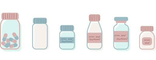 vector reeks van 6 geneeskunde flessen voor tabletten, capsules, vitamines, siroop of vloeistof. geïsoleerd illustraties