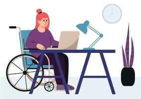 roodharige meisje. freelancer in een rolstoel werk van huis. vlak stijl vector illustratie