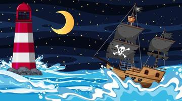 oceaan met piratenschip bij nachtscène in cartoonstijl vector