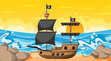 oceaan met piratenschip in de scène van de zonsondergangtijd in cartoonstijl vector