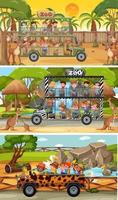 verschillende safari-scènes met dieren en kinderen stripfiguur vector