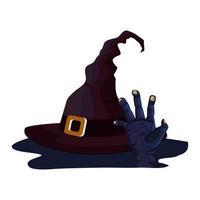 hoed van heks voor halloween en zombie hand vector