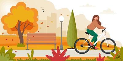 vrouw fietst in het park, herfstlandschap. vector illustratie