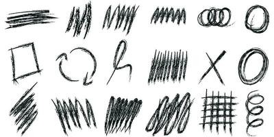 abstract grunge houtskool kattebelletje strepen, hand getekend tekening stoutmoedig vormen. krijt krijt of markeerstift tekening rouge uit de vrije hand krassen. vector illustratie van lijnen, golven, pijlen, kronkels door penseelstreek