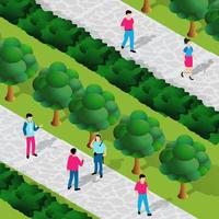 stadspark met bomen en mensen die de levensstijl van vakantiegangers lopen vector