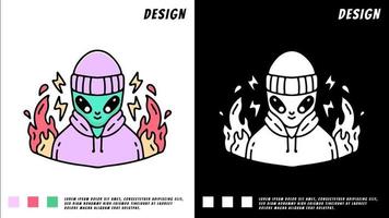 alien met muts en hoodie in vuur, illustratie voor t-shirt vector