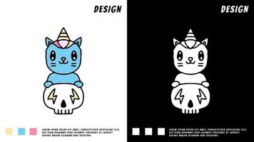 kat eenhoorn en schedel, illustratie voor t-shirt, vector