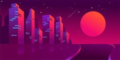 retro futuristische nachtstad met maan of zon, stadsgezicht van cyberpunk vector