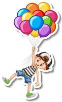 stickersjabloon met een jongen die vliegt met veel ballonnen geïsoleerd vector