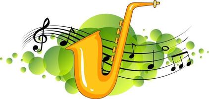 saxofoon muziekinstrument met melodiesymbolen op groene splotch vector