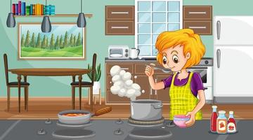 een gelukkige vrouw die kookt in de keukenscène vector