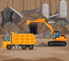 landschap van mijnbouwscène met kraan en vrachtwagens vector