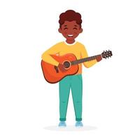 kleine zwarte jongen gitaar spelen. kind dat muziekinstrument speelt. vector