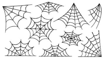 spinnenweb set. halloween-decoratie met spinnen. een griezelig spinnenweb vector