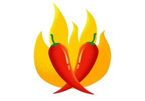 vector chili paprika's in retro stijl. vector wijnoogst embleem met rood Chili peper met vlam. logo van chili met brand in wijnoogst stijl.