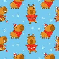 Kerstmis naadloos patroon met schattig winter capibara Aan blauw achtergrond met sneeuwvlokken. vector illustratie voor nieuw jaar feestelijk ontwerp, behang, verpakking, textiel. kinderen verzameling.