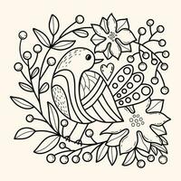 schattig vogel met Kerstmis bessen en bloemen. lineair hand- tekening. vector illustratie. Kerstmis ontwerp. gevederde voor vakantie kaarten, kleur en decoreren.