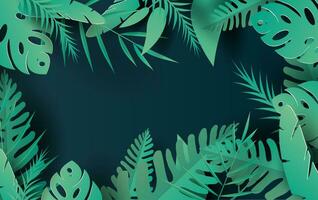3d illustratie van tropisch palm bladeren en natuur planten.ontwerp papier besnoeiing en ambacht origami hawaiiaans stijl zomertijd ruimte voor tekst. grafisch donker groen zomer seizoen bloemen achtergrond.vector. eps10 vector