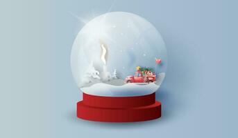 glas bal sneeuw staan met rood klassiek oppakken vrachtauto auto visie landschap thuis.blij nieuw jaar en vrolijk Kerstmis dag.creatief ontwerp papier kunst en ambachtelijk geschenk decoratie voor vakantie en winter. vector