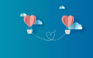 illustratie van roze ballonnen hart drijvend met hemellandschap visie tafereel plaats voor uw liefde tekst ruimte blauw achtergrond.valentijnsdag dag tekening lijn hart concept.zomer.papier besnoeiing en ambacht stijl vector