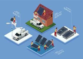 mensen installeren en gebruik makend van zonne- panelen isometrische gekleurde concept vector