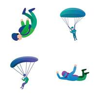 parachutespringen pictogrammen reeks tekenfilm vector. mannetje skydiver gedurende springen vector