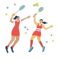 dubbelspel badminton. springende vrouwen met rackets vector