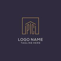 eerste pc logo met plein lijnen, luxe en elegant echt landgoed logo ontwerp vector