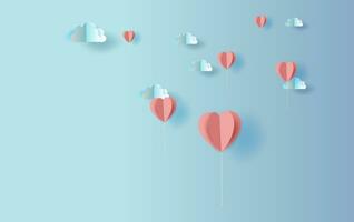illustratie van origami ballon hart vorm met natuur cloudscape lucht visie .valentijnsdag dag decoratie rood ballonnen hart concept.creatief ontwerp papier besnoeiing en ambacht stijl voor pastel kleur vector. vector
