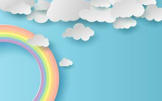 3d illustratie zomer seizoen landschap met een regenboog Aan blauw lucht achtergrond. cloudscape Aan schoon en minimaal papier kunst.creatief ontwerp papier besnoeiing en ambacht stijl.pastel kleurrijk toon eenvoudige.vector. vector