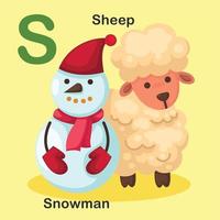 illustratie geïsoleerd dier alfabet letter s-sneeuwman, schapen vector