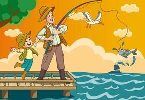 vector illustratie van vader en kinderen visvangst