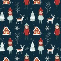 winter naadloos patroon met meisjes, huis, besneeuwd bomen. Kerstmis vector patroon. winter achtergrond ontwerp.