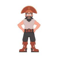 grappig en streng Mens piraat. vent in een piraat kostuum. tekenfilm stijl vector