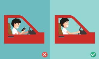 niet sms'en, niet praten over goede en verkeerde manieren rijden vector