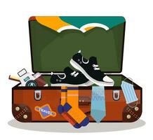 Open koffer met schoenen en accessoires in tekenfilm stijl Aan wit achtergrond. vector