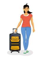 vector illustratie van vrouw reizen met koffer Aan een wit achtergrond.