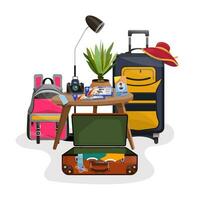 vector illustratie van inpakken koffers en rugzakken Bij huis of hotel. bagage met accessoires.