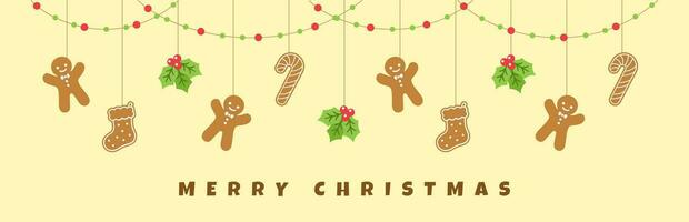 vrolijk Kerstmis grens banier, hangende peperkoek koekjes en maretak guirlande. winter vakantie seizoen hoofd decoratie. biscuits in feestelijk vormen sjabloon. vector illustratie.