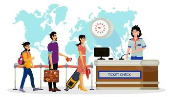vector tekenfilm illustratie van vrouw stewardess wie controleren kaartjes van passagiers in een luchthaven.