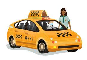 vector illustratie van Politie officier controleren documenten van taxi bestuurder Aan wit geïsoleerd achtergrond.