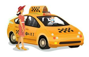 illustratie van modern stedelijk taxi met taxi bestuurder en passagier Aan een wit geïsoleerd achtergrond. vector