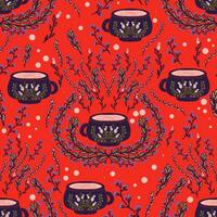 een patroon met thee cups en bloemen Aan een rood achtergrond vector