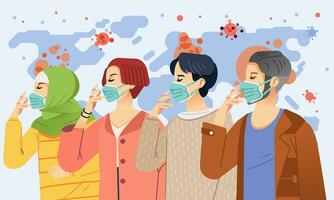 sommige jong mensen Mens en Dames vervelend maskers naar voorkomen virus besmettelijk allemaal over- de wereld vector