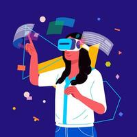 metaverse digitaal virtueel realiteit technologie van een vrouw met bril en een koptelefoon vr verbonden naar de virtueel ruimte vector