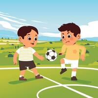 twee jongens spelen voetbal Aan een veld- met heuvels en lucht in de achtergrond vector