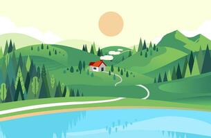 vector illustratie in vlak stijl van huis in de heuvel met meer en Woud in de buurt. mooi landschap illustratie