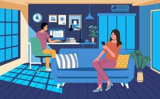 interieur ontwerp van appartement, met werkruimte en leven kamer. Mens werken in werkruimte en Dames zittend Aan de sofa terwijl vasthouden telefoon vector