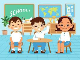 kleuterschool jongen en meisje aan het studeren in de klas, jongens verhogen hun handen naar antwoord vector
